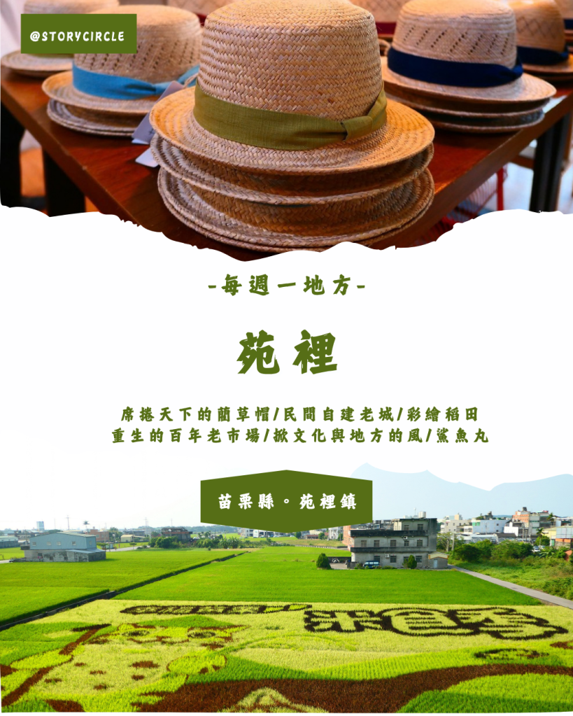 展示草帽的圖片,帽子擺放在木桌上,背景包含稻田和建築物,顯示當地文化和風景。